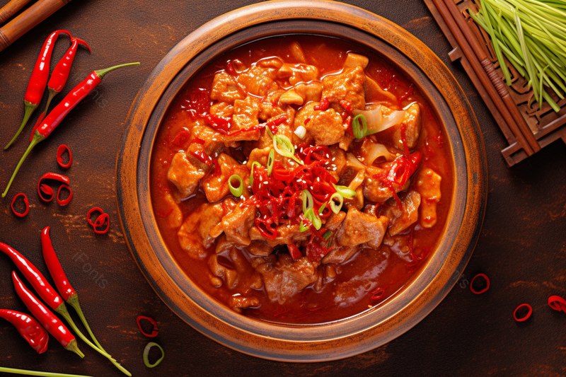 川菜餐饮复古风格拍摄水煮肉片,高清,摄影图,摄影图片,图片大全,摄影图免费下载